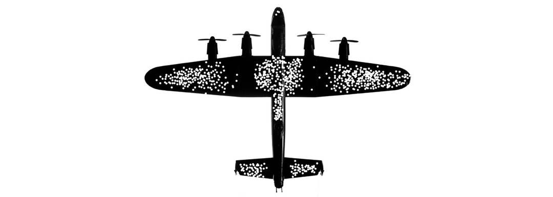 Black and white illustration of a world war 2 plane showing bullet damage to the wings, body, and tail.